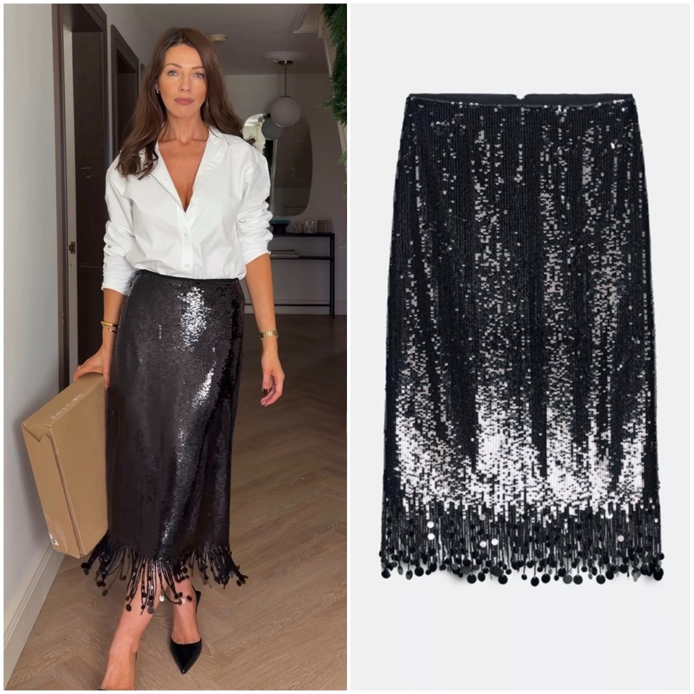 NEW. ZARA 🖤 SEQUIN LONG SKIRT - Picture 8 of 15